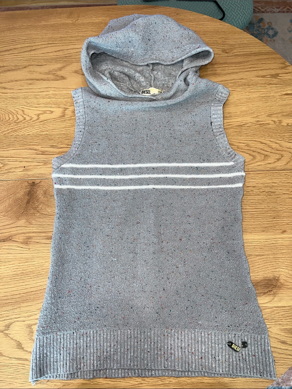 Diesel Sleeveless Hooded Knit Vest in Light Grey with White Stripes